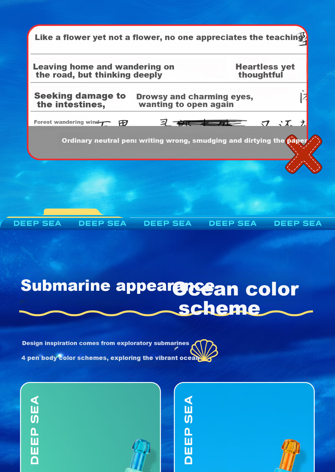 Dianshi Pen, Deep Sea Submarine Thermal Erasable 0.5 Retractable Gel Pen, Quick-Drying Silent Large Capacity for Third Grade Students Back-To Season [Crystal Blue] 3214E 8