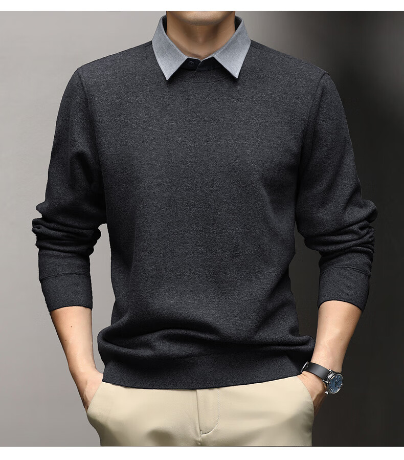 Hengyuanxiang Men's Autumn New Fake Two-Piece Knit Sweater, Business Casual Fleece-Lined Pullover for Young and Middle-Aged Men 11