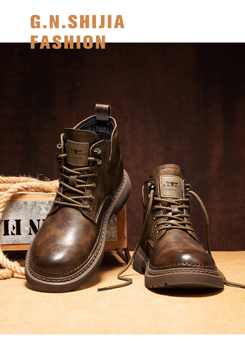 Bull Family Men's Autumn Winter New Retro British Martin Boots Fashion Versatile Work Boots Mid-High Lace-Up Leather Boots 16