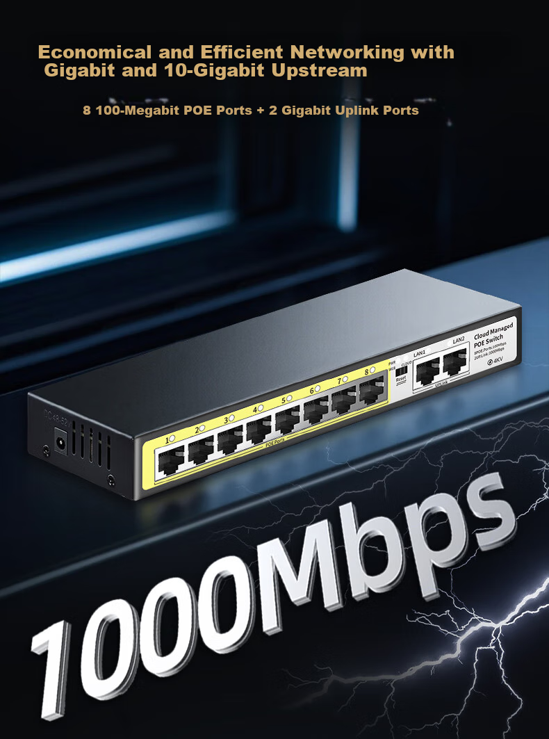 Huoyi 10-Port Gigabit POE Switch, 8 Gigabit PoE + 2 Gigabit, Managed Switch, Surveillance Network Cable Splitter, Enterprise-Level Switch, Splitter 8