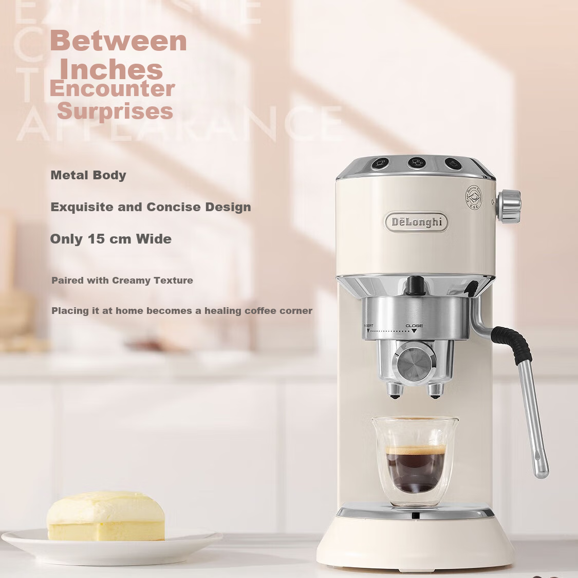 Delonghi Coffee Machine, Semi-Automatic Coffee Maker, Compact Home-Use Americano And Espresso Pump Press Professional Stainless Steel Manual Milk Frother EC885.CR EX: Cream White Gift