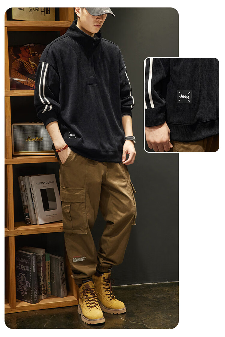 JEEP Men's Autumn Winter Corduroy Thickened Warm Loose Long Sleeve Zip-up Sweatshirt Dark Gray M 8