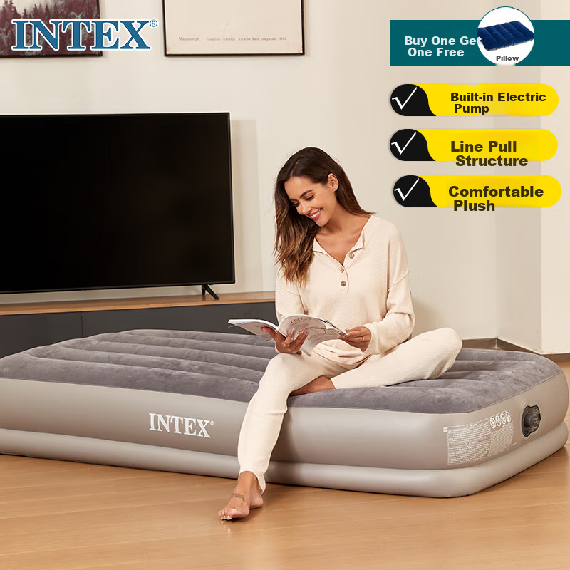 INTEX Built-In Electric Pump USB Port Automatic Inflation Single-Person Air Mattress for Home And Car Use, Foldable Bed with 1 Pillow 64112