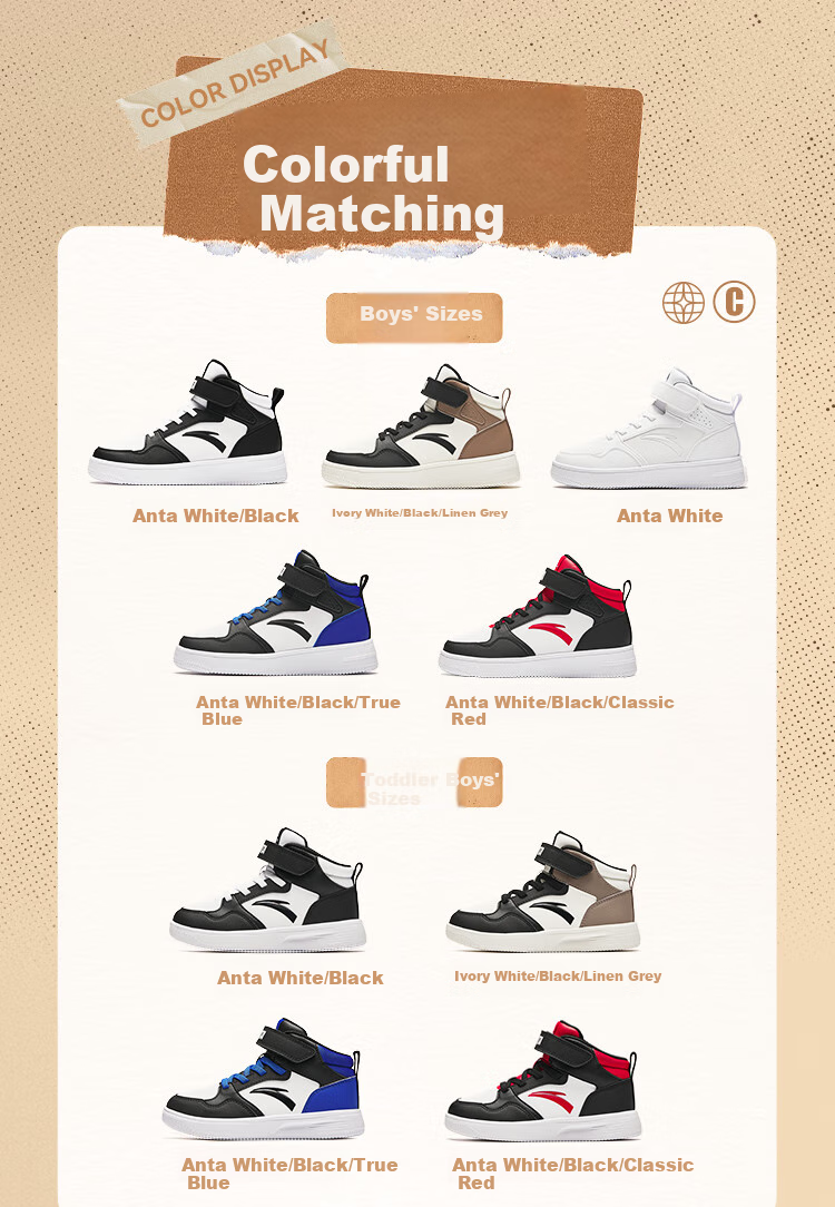 ANTA Children's Sports Shoes for Boys, Big Kids' Size 25, Autumn And Winter Casual Shoes, White Sneakers, High-Top Skateboard Shoes A12438004H 26