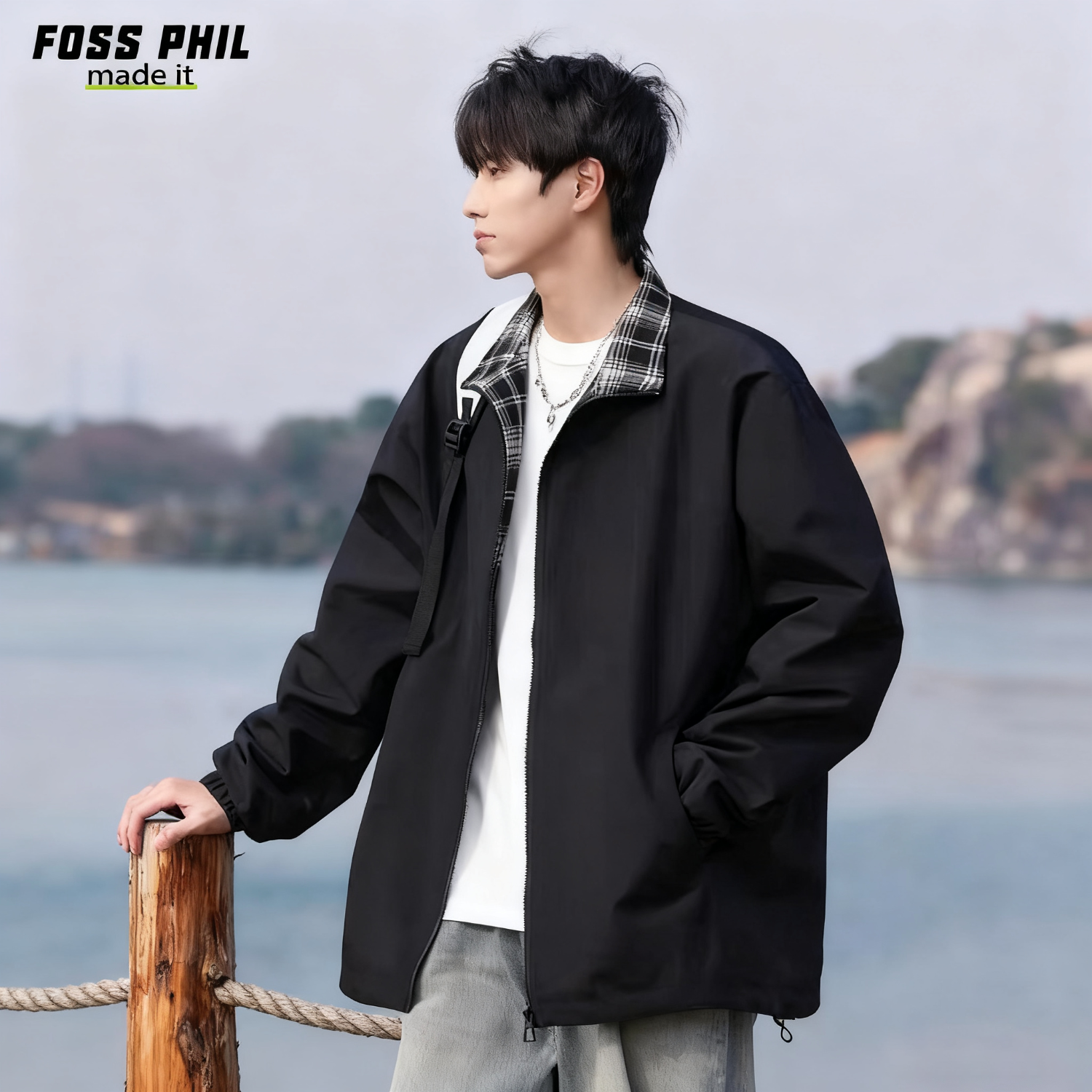Foss Phil Men's Autumn Winter Japanese Style Loose Fit Casual Stand Collar Color Block Jacket Black 2XL 26189