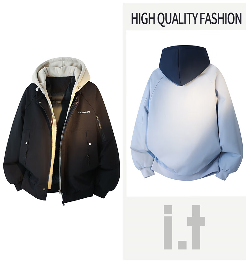 :CHOCOOLATE IT Fake Two-Piece Hooded Cotton Jacket Men's Winter New Cold-Resistant Warm Cotton Jacket Loose Fit Black XL 3