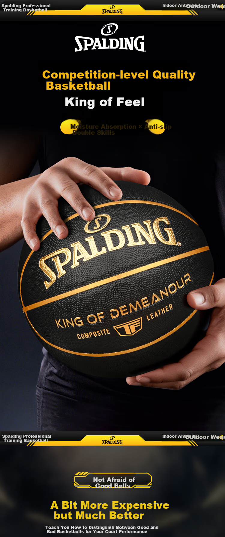 SPALDING Basketball, Size 7, TF Black Gold Control Series, Indoor And Outdoor Non-Slip Wear-Resistant, for Competition Use, Official Size 7 Basketball, 77-883Y 1