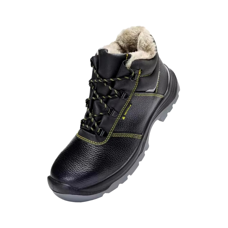 DELTAPLUS Classic 3rd Generation Safety Work Shoes Wide Toe Cap Anti-Smash Anti-Puncture Anti-Static Cowhide Oil-Resistant Durable 301114 Mid-Top Fleece Lined Black Size 41