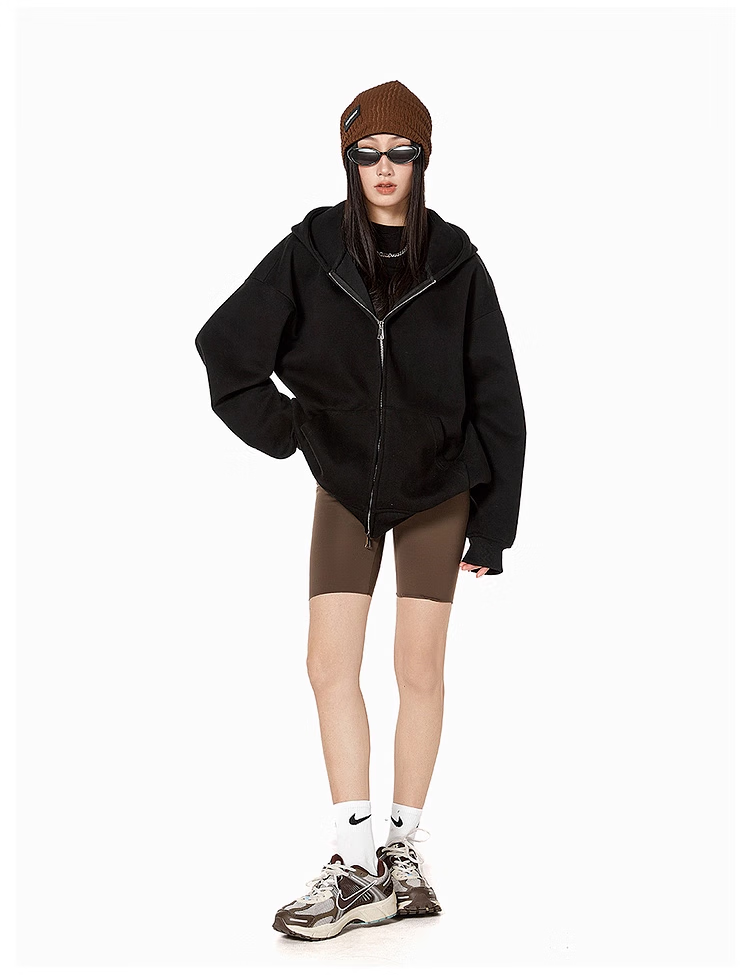 ICH MODE Fleece-Lined American Style Hoodie Jacket Women Autumn Winter Loose Fit Double Zipper Cardigan Lazy Long Sleeve Coat Black L 14