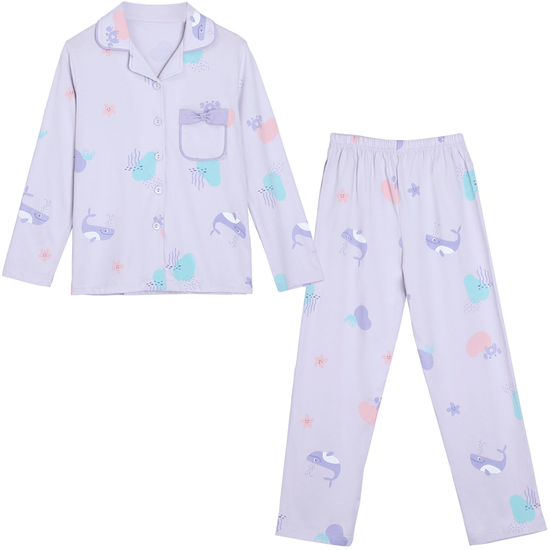 Hodohome Children's Pajamas, Girls' Class A Pure Cotton Loungewear, Cartoon All-Over Print Long-Sleeve Cardigan Set, 500 Purple 150