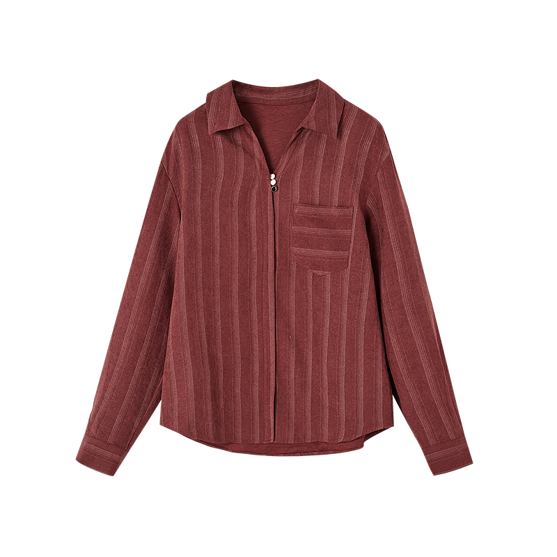 Dme [Zhi Gan Ge Ziao] Autumn V-Neck Striped Three-Button Decorative Shirt with Pockets, Elegant Blouse Women's Top