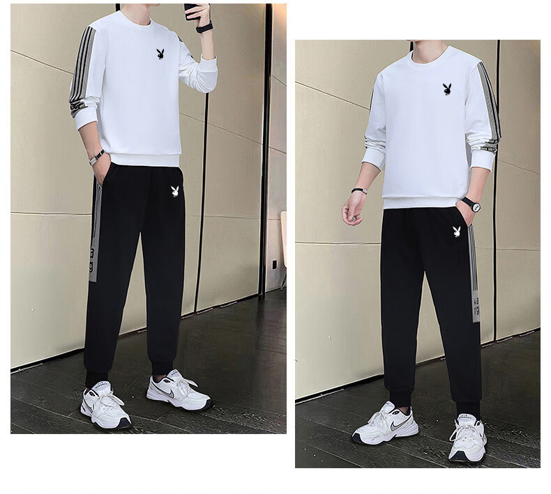 Playboy Men's Long Sleeve T-Shirt and Pants Set Spring Autumn Casual Sports Two-Piece Black L 16