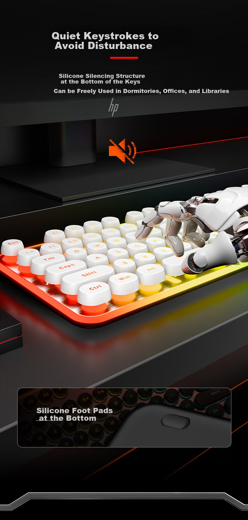 HP K10F Mechanical Keyboard, Stylish Wired Backlit Gaming And Office Keyboard, Comfortable Wear-Resistant Metal Panel, 26 Keys without Collision, White Keycaps with Frosted Finish 5