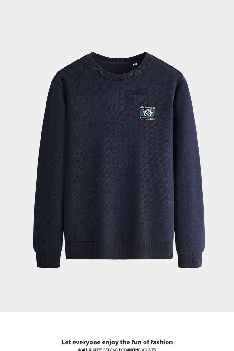 Dancing with Wolves [Anti-Static & Antibacterial] Fashionable Versatile Embroidered Skin-Friendly Pullover Crew Neck Sweatshirt 102 Dark Blue L 1