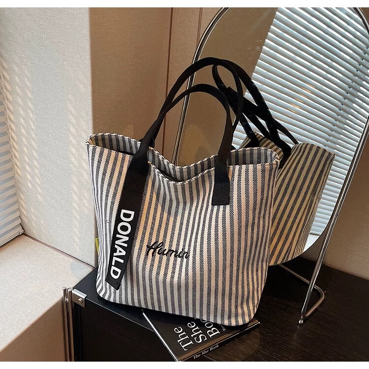 Kelorock Striped Large Capacity Canvas Bag for Women 2025 New Fashion Handheld Shoulder Shopping Tote Casual Commuter Bag 9