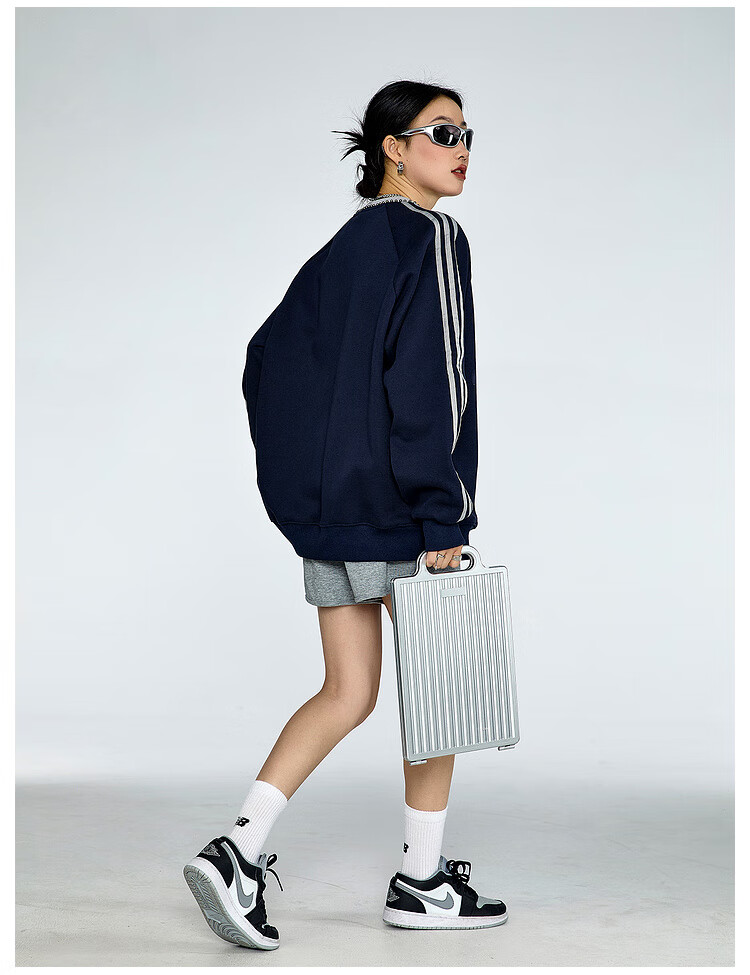 ICH MODE American Style Crewneck Pullover Sweatshirt Vintage Striped Women's Spring Autumn Long Sleeve Loose Sports Jacket Blue M 23