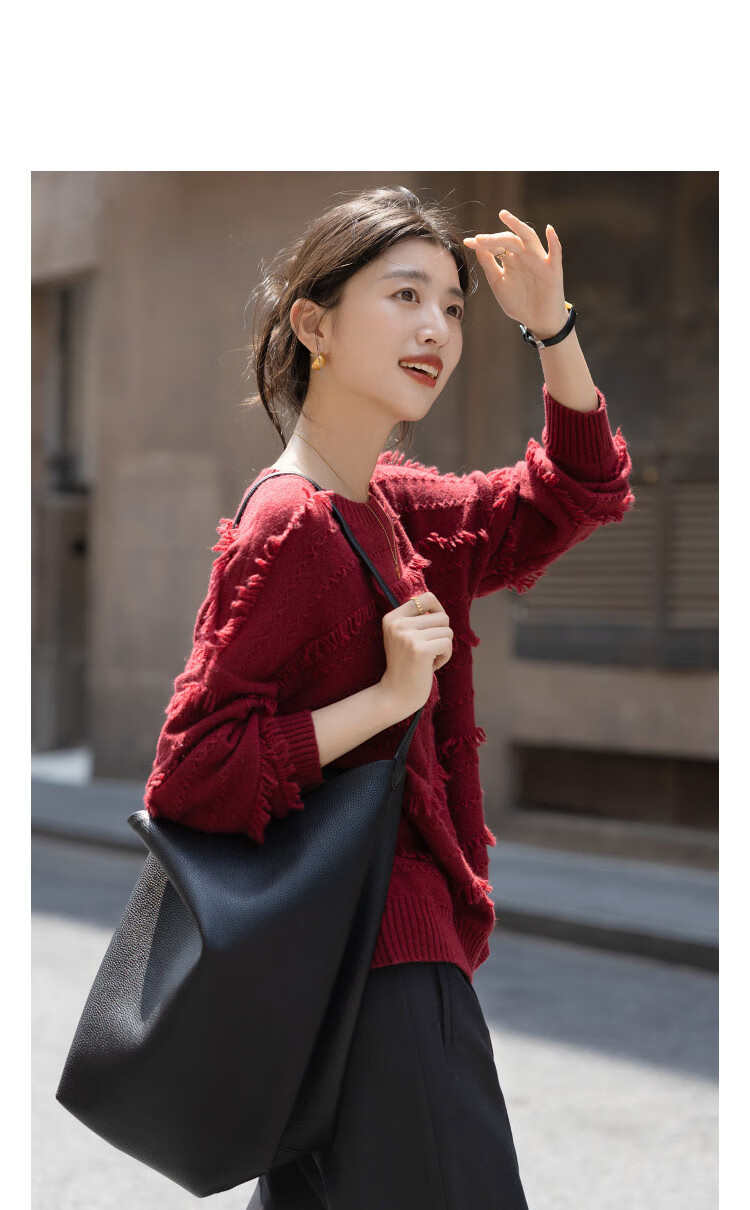 Demana [Yunmu Liuguang] Winter Fluffy Jacquard Lambswool Tassel Drop Shoulder Loose Knit Sweater for Women 2
