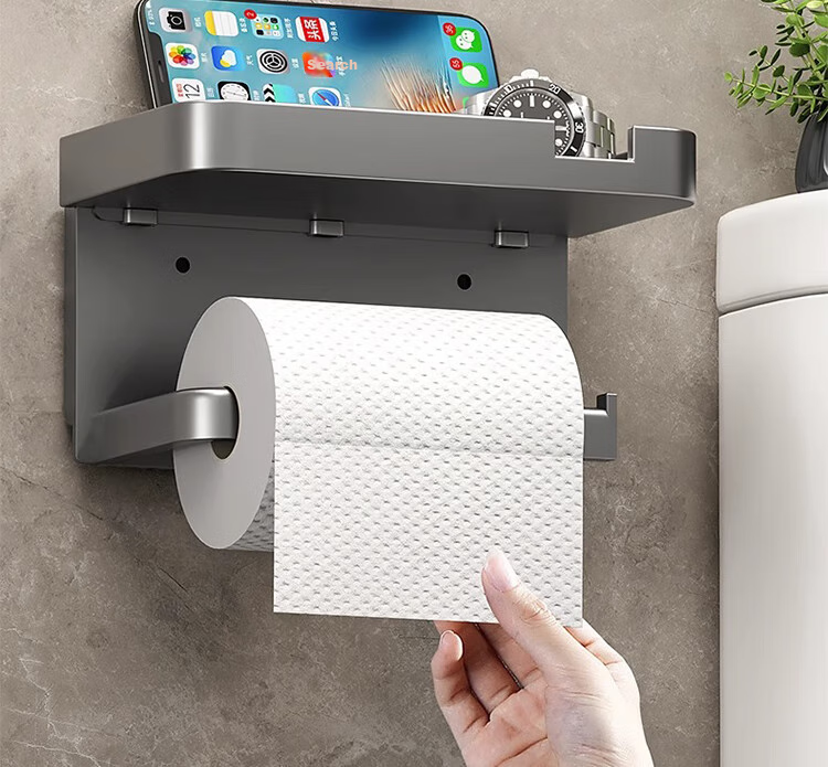 Xinpei Bathroom Tissue Holder, Space Aluminum, No Drilling Required, Double-Layer Paper Towel Dispenser, Toilet Roll Holder, Bathroom Storage Rack 17