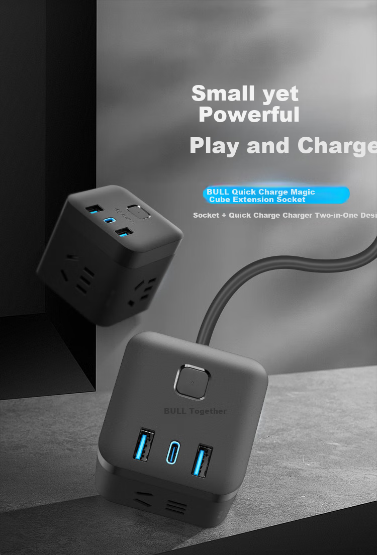 BULL 20W PD Apple Fast Charging Cube Power Strip/Extension Cord/Surge Protector/Desktop Charging Station, Type-C+USB+3 Outlets, 3 Meters Long, Black, GNV-UU2203H, Master Switch 2