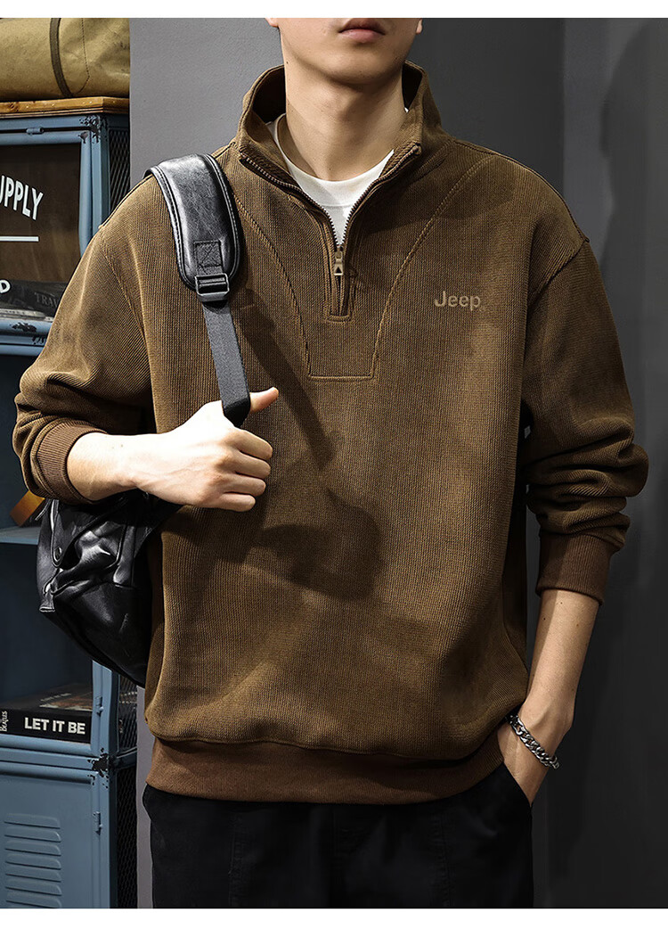JEEP Men's Autumn Winter Zip-up Loose Long Sleeve Corduroy Thickened Warm Sweatshirt Black L 1