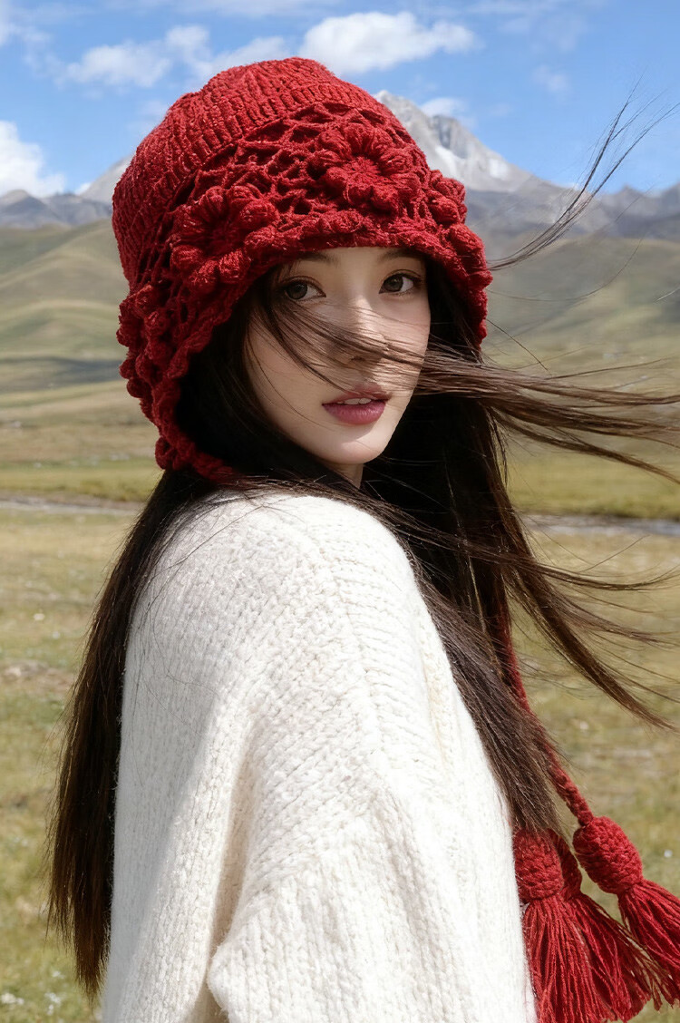 Zhenxiang Women's Spring Autumn Woolen Hat Flower Hand-Crocheted Knit Hat Travel Photo Outfit Birthday Gift Z868 1