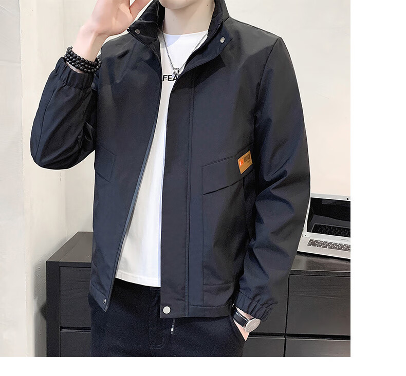 Jeanswest Men's Outdoor Sports Jacket Spring Autumn Coat Stand Collar Loose Workwear Windproof Casual Trendy Versatile Black 2XL 8
