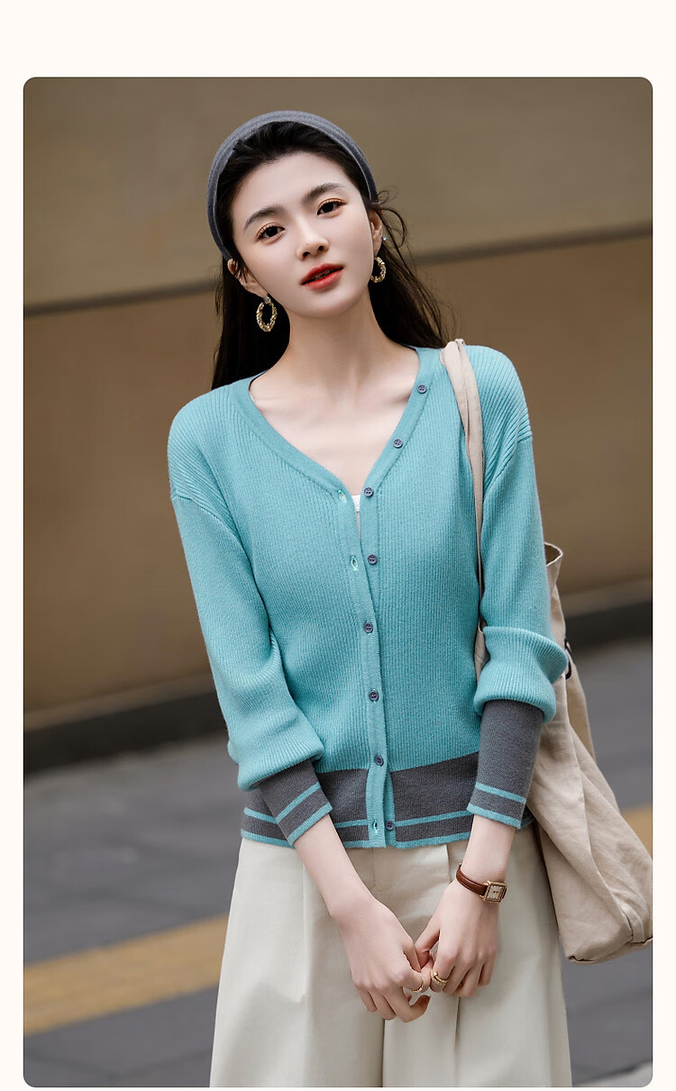 Demana Soft Wool Blend Spring Autumn Gentle V-Neck Colorblock Cardigan Drop Shoulder Knit Top for Women 1