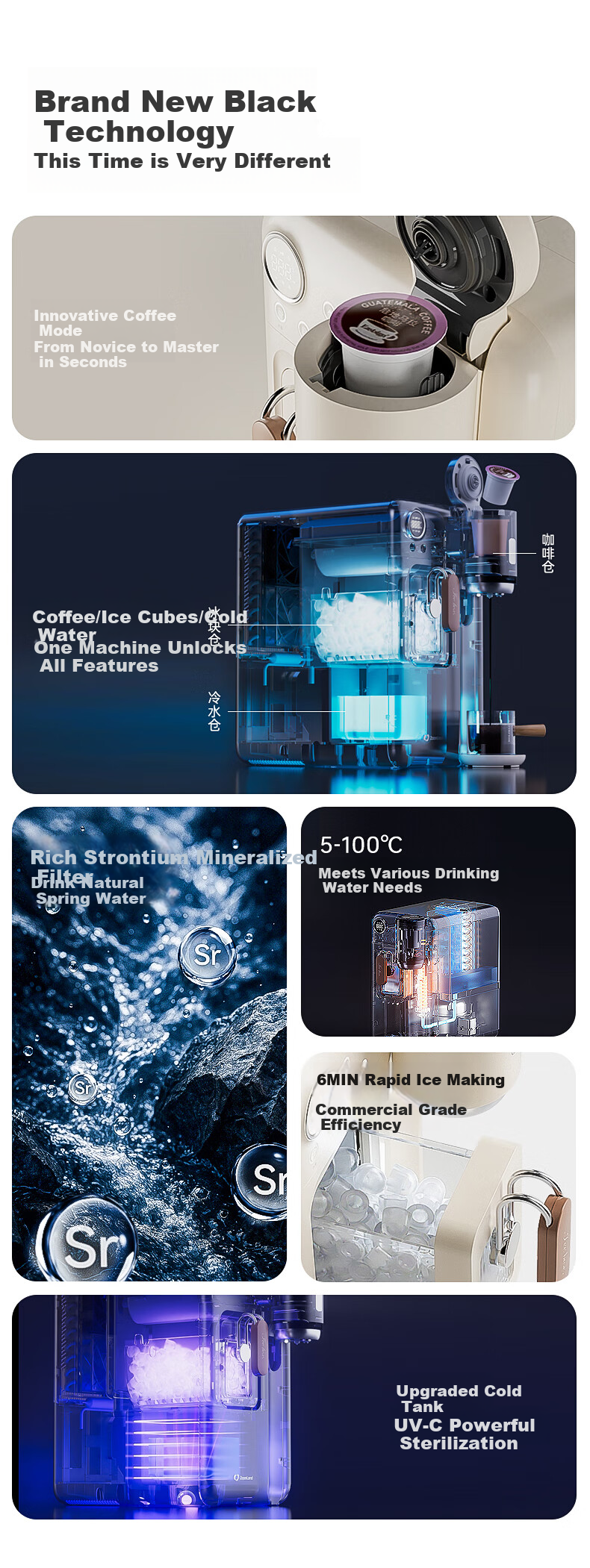 Zhuolang Ice Maker And Water Dispenser Combo, Coffee Machine with Ice Making Function, Countertop Instant Hot Water Dispenser for Home Use, Milk Frother, Direct Drinking Ice Maker, Cold And Hot All-In Ice Cube Machine, Americano Coffee Machine IH6 3