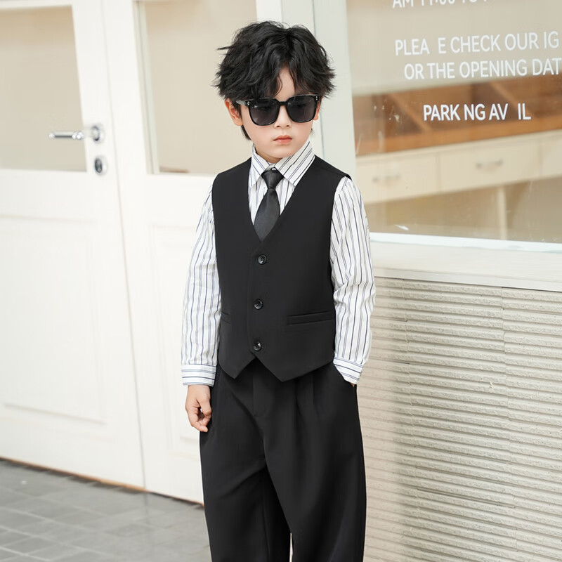 LUOBOBEIBEI Children's Suit Boys Autumn Formal Wear Boys Flower Boy Host Suit Runway Outfit Black Four-Piece Set 120