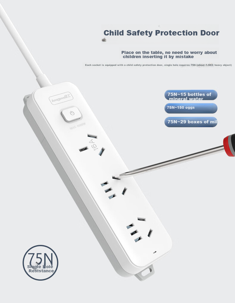 Lengon with 10A to 16A Adapter Plug, 1 Outlet, 2.8 Meters, 16A High-Power Air Conditioner Socket, 4000W Water Heater Oil Heater Electric Heater Power Strip, K101B-2.8 9