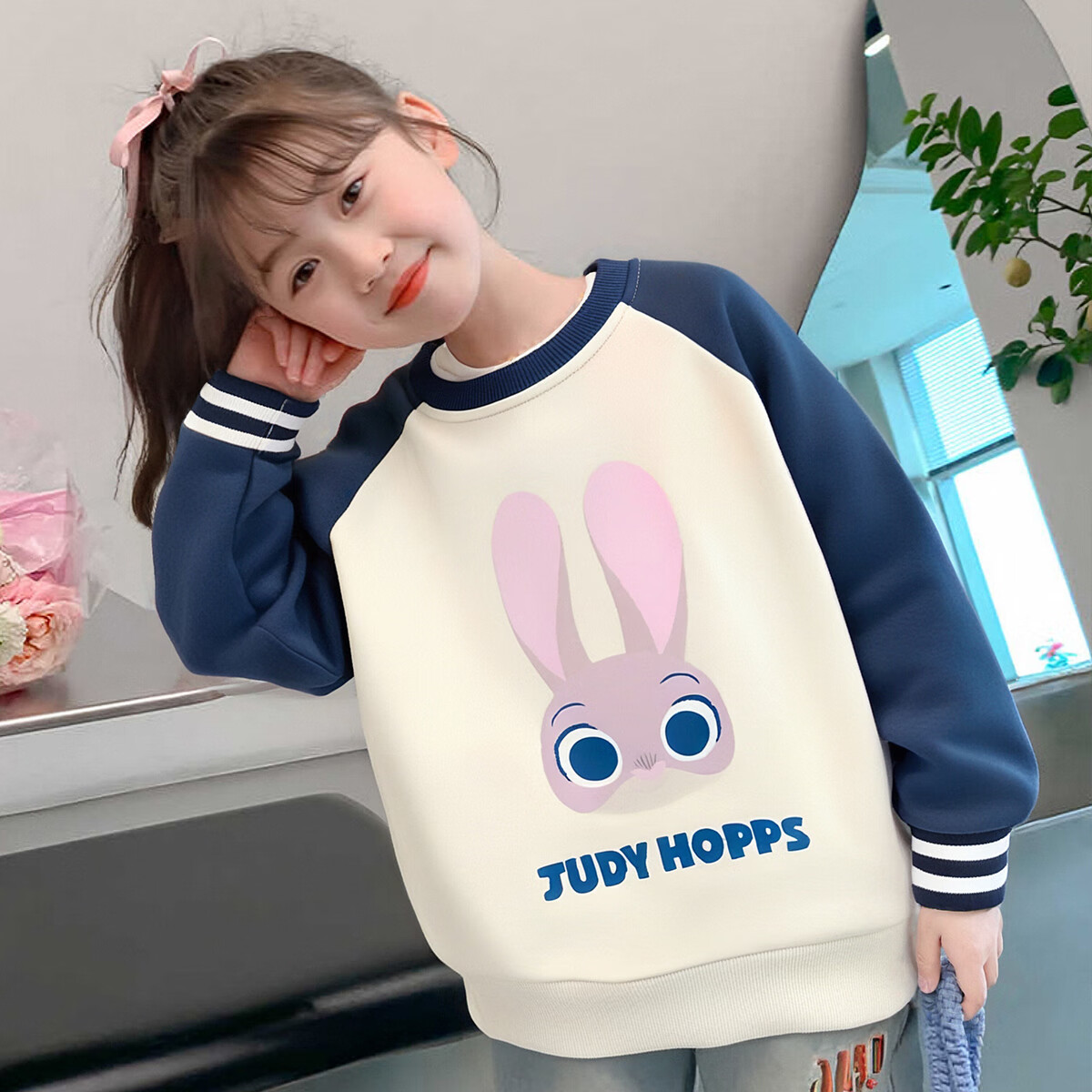 Disney Girls' Zootopia Pullover Sweatshirt Spring and Autumn Children's Casual Top Navy Blue Size 160