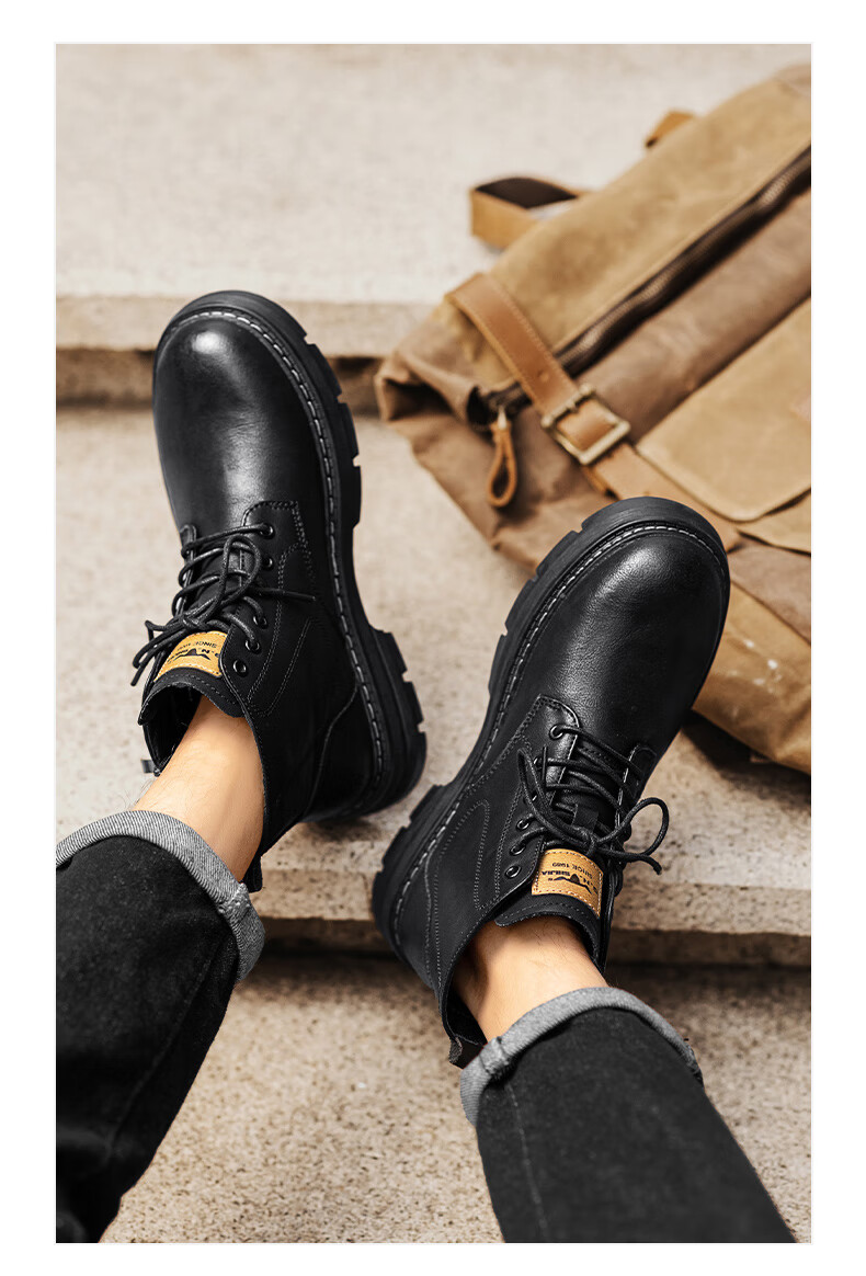 Bull Family [Zhang Ruoyun Same Style] Men's Genuine Leather Martin Boots 2026 Autumn Winter New High-top British Style Work Boots for Men 5
