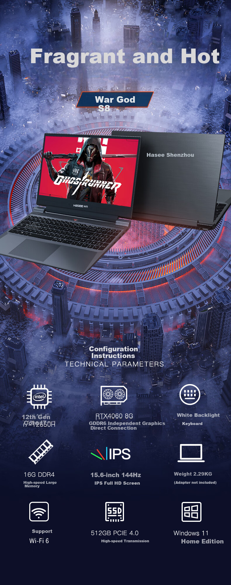 HASEE RTX5060 God of War S8 13th Gen Core i7 15.6" Gaming Laptop (i7-13620H, 16GB, 512GB, 165Hz) 1