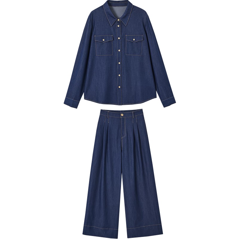 Demana Japanese Style Set Autumn Lapel Large Pocket Loose Shirt Half Elastic Waist Wide Leg Pants Women's Two-Piece Set