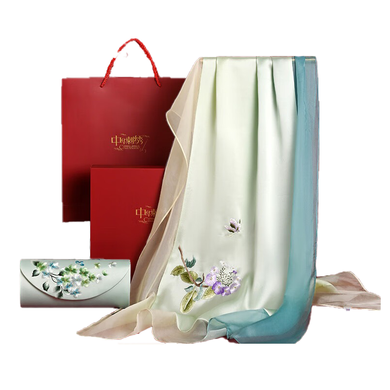 Hangsi Mansion Su Embroidery Silk Scarf Shawl Mulberry Silk Luxury Set Birthday Holiday Gift for Mom - Butterfly Green