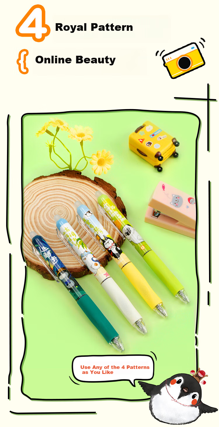 COMIX Erasable Gel Pen, Wu Huang Co-Branded Retractable Pen with Bullet Tip 0.5mm Blue, Cartoon High-Quality Signature Pen for Elementary School Students, 4 Pens EWHGP0102 2