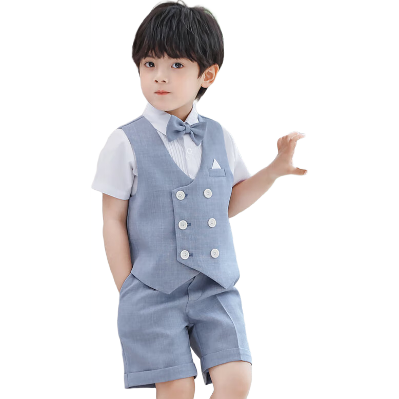 LUOBOBEIBEI Boys' Suit Summer Short-Sleeve Children's Vest Set Children's Day Performance Outfit Gray Blue Four-Piece Set 120