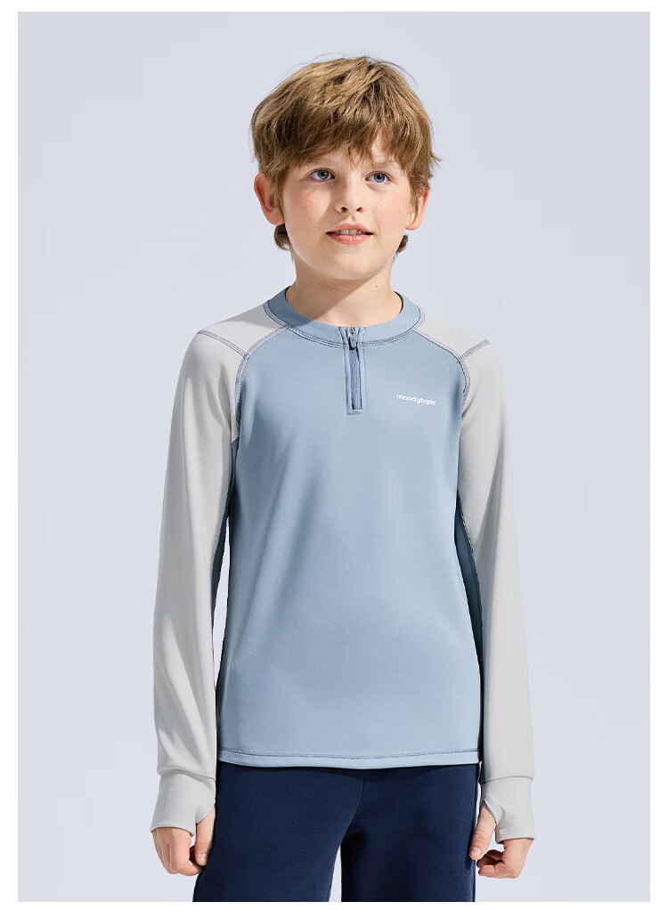 MoodyTiger Boys' Long Sleeve T-Shirt Moisture-Wicking Breathable Winter 2025 New Kids' Warm Stretch Half-Zip Sportswear 7