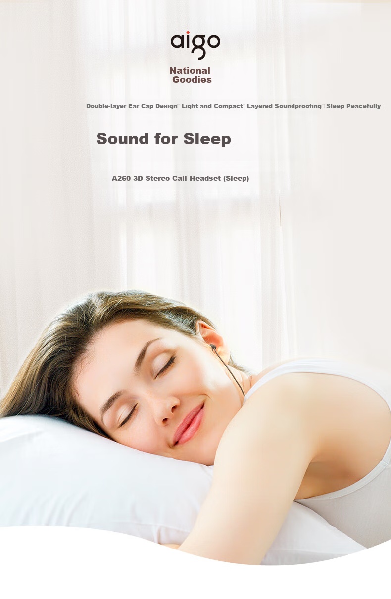 Aigo Sleep Earphones, Semi In-Ear Design, Specially for Sleeping, Aid Sleep, Side Sleeping, Ear Pressure-Free, Soundproof, Noise Reduction, Wired Headphones with 3.5mm Round Plug, for Sports, Running, Music, Computer, Mobile Phone, A260 1
