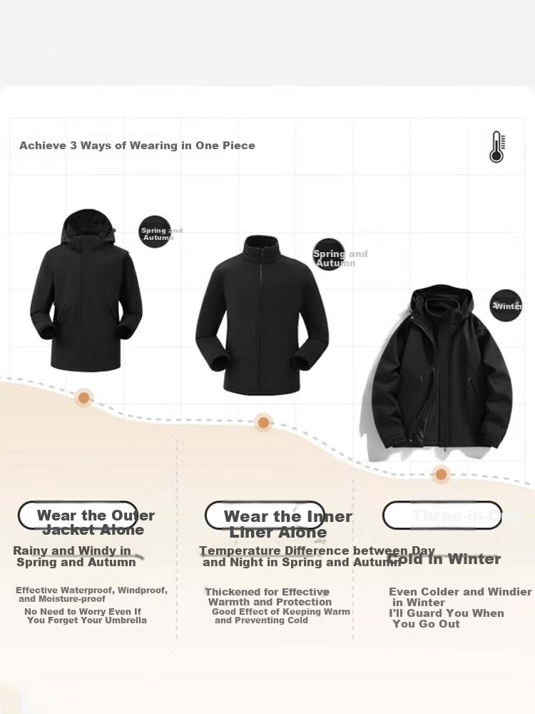JEANSWEST OUTDOOR Windbreaker Spring And Autumn Jacket, Trendy Three-In Hooded Outdoor Breathable Windproof Couple's Outfit, Black, Size L 1