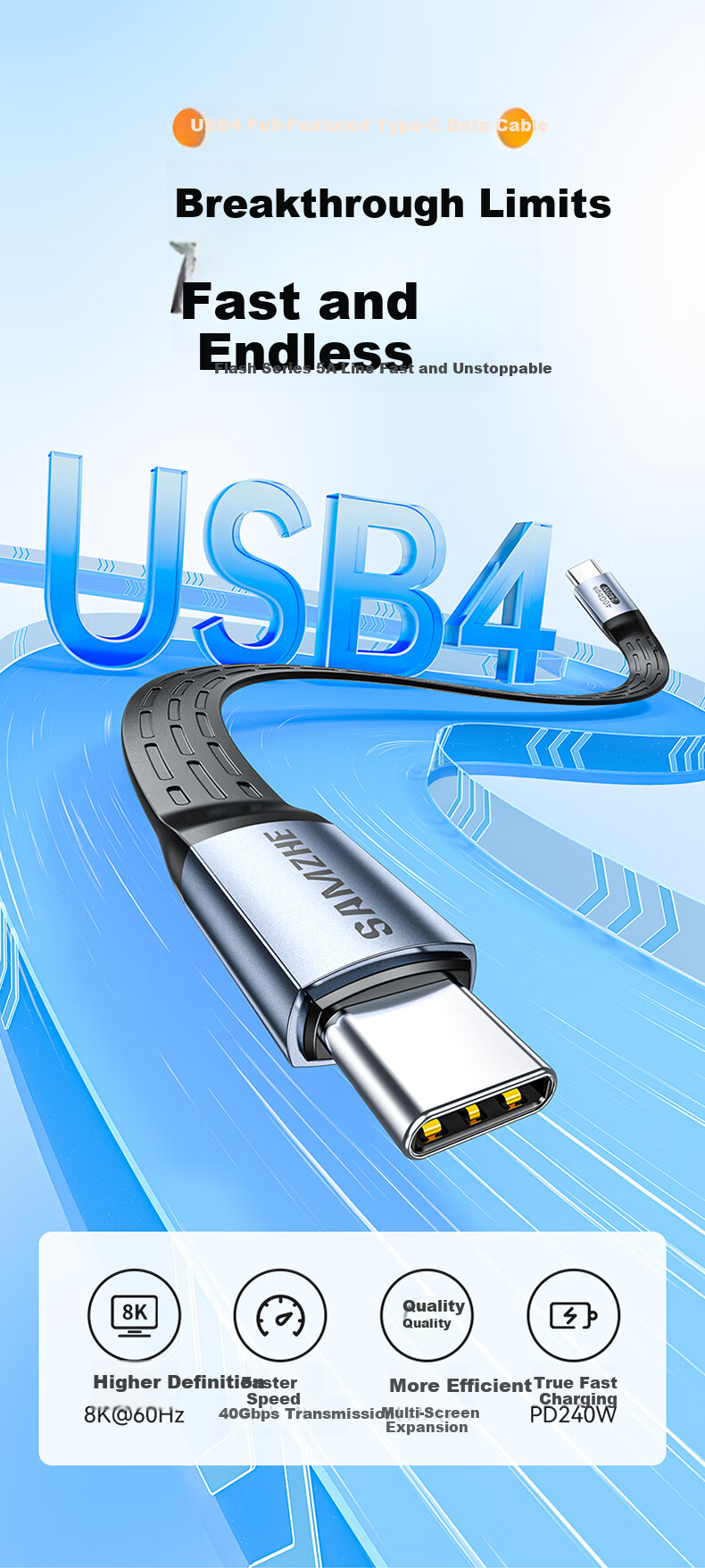 SAMZHE USB4 Full-Function Data Cable, Dual Type-C Power Bank Short Cable, PD240W Fast Charging, Compatible with Thunderbolt 4, Suitable for Apple And Huawei Phones, Laptops, IPhone18/17/16 1