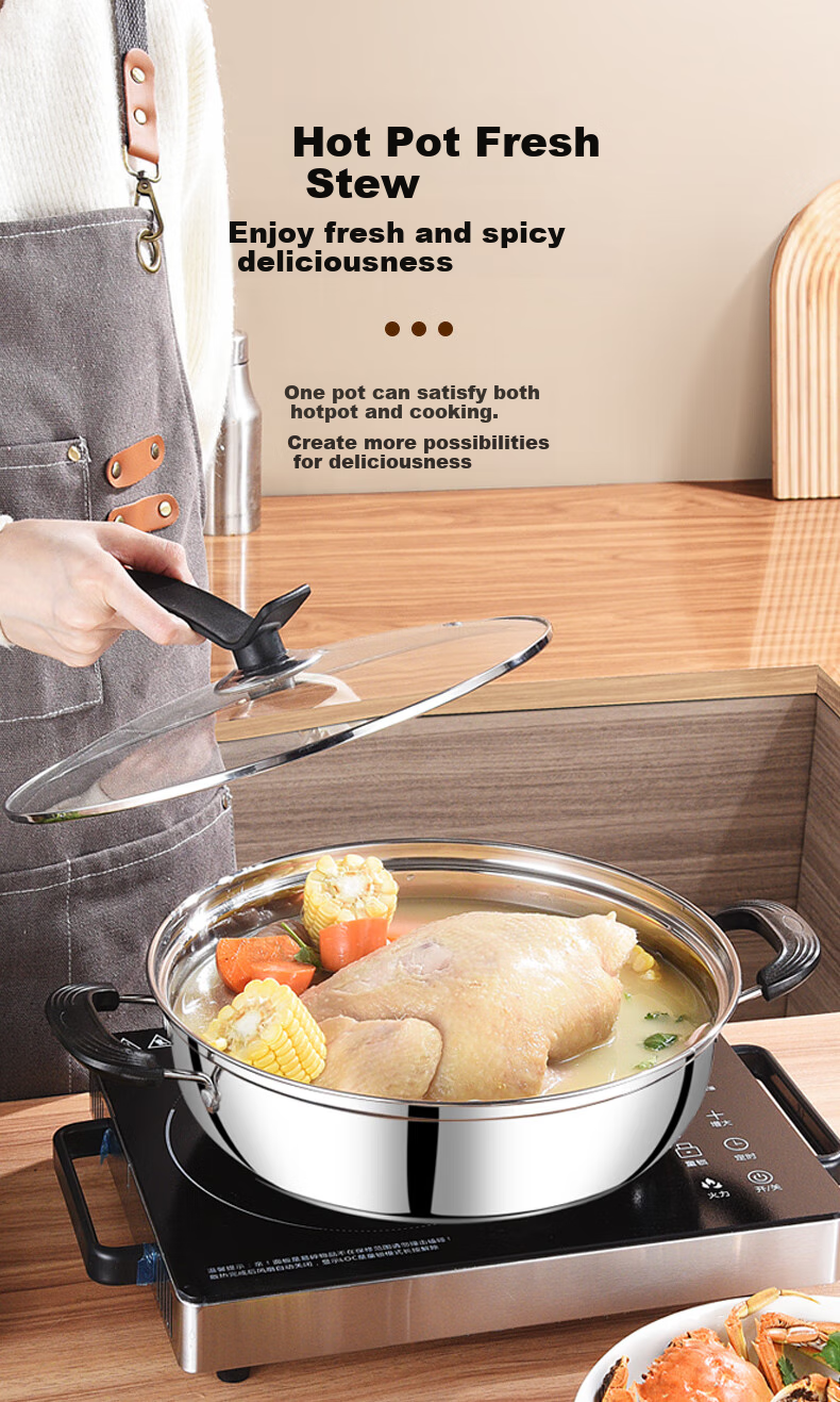 BSITN Hot Pot Cookware 28cm, Stainless Steel Hot Pot for Clear Soup, Compatible with Induction Cooker, Hot Pot Pan with Visible Lid, 4428 1