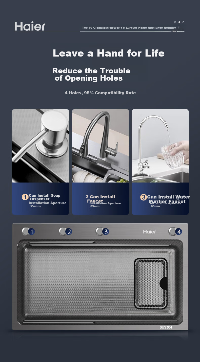 Haier Large Single Sink, Kitchen Thickened 304 Stainless Steel Vegetable Washing Basin, Integrated Hand-Washing Sink, Food Prep Sink with Strainer 20