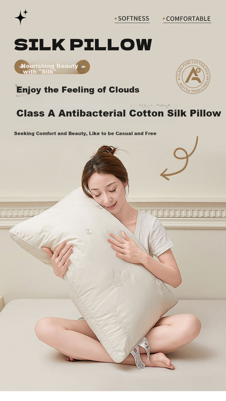 Grace Class A Pure Cotton Silk Pillow, Antibacterial Pillow Core, Home Soft Pillow for Adults, Single Pack, 48*74cm 1