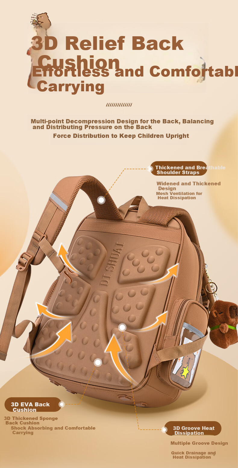 Dishuai Capibala Elementary School Backpack for Girls Grades 1-3 Lightweight Spine-Protecting Large Capacity Children's Backpack for Boys 7