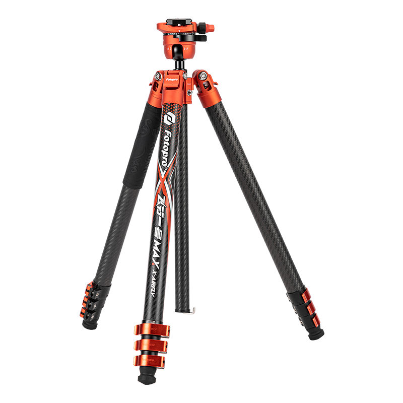 Fotopro Flight One Max Carbon Fiber Lever-Release Design Large Diameter Professional Camera Mirrorless Photography And Videography Tripod, Flame Orange