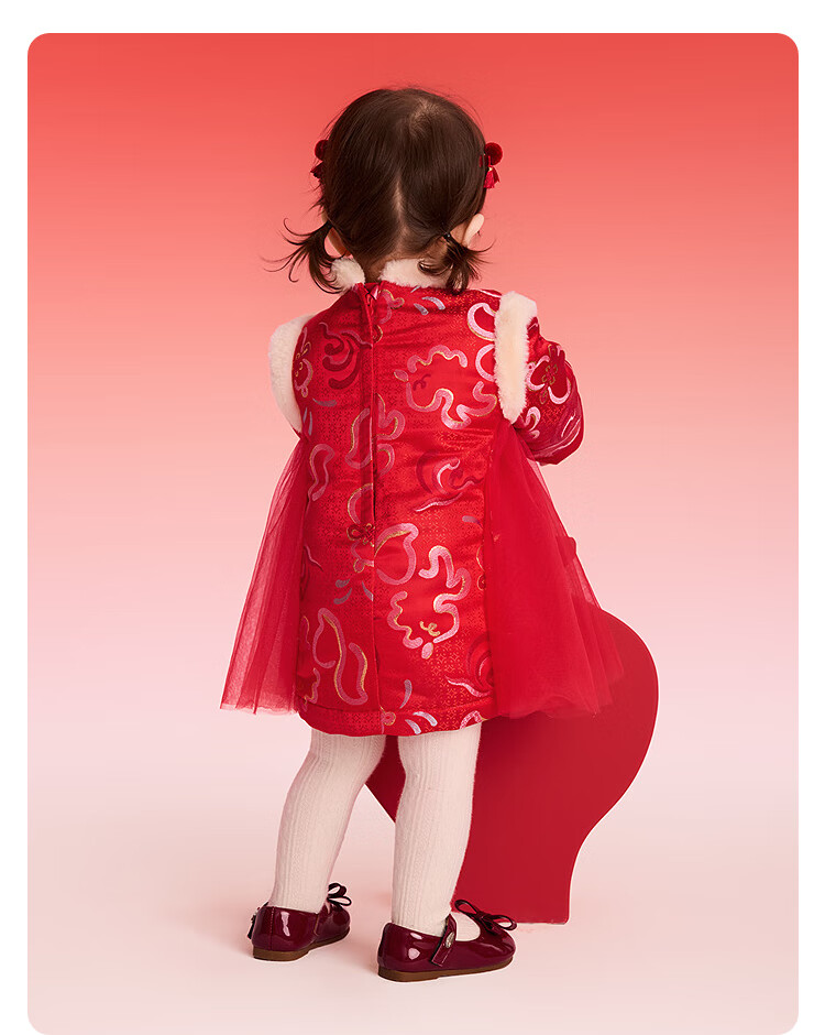 BALABALA 【balaOne】 Girls' New Chinese Style Satin Mesh Cloud Pattern Red New Year Dress 5
