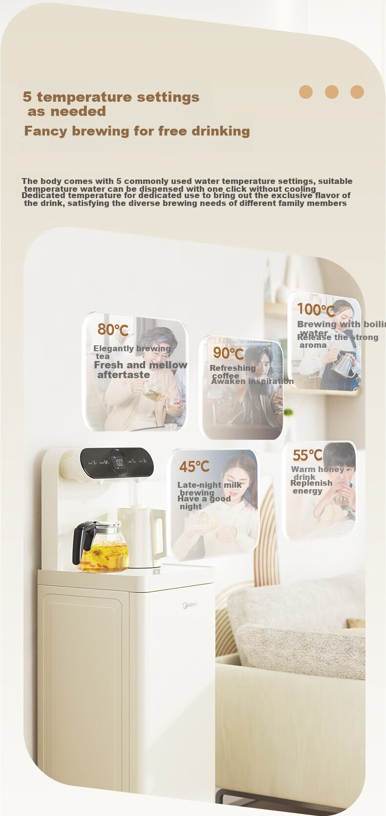 Midea White Moonlight Tea Bar Machine Water Dispenser Home Electric Kettle Living Room Floor-Standing Bottled Multi-Functional Tea Bar Cabinet Electric Kettle Health Pot YCR-2366 8