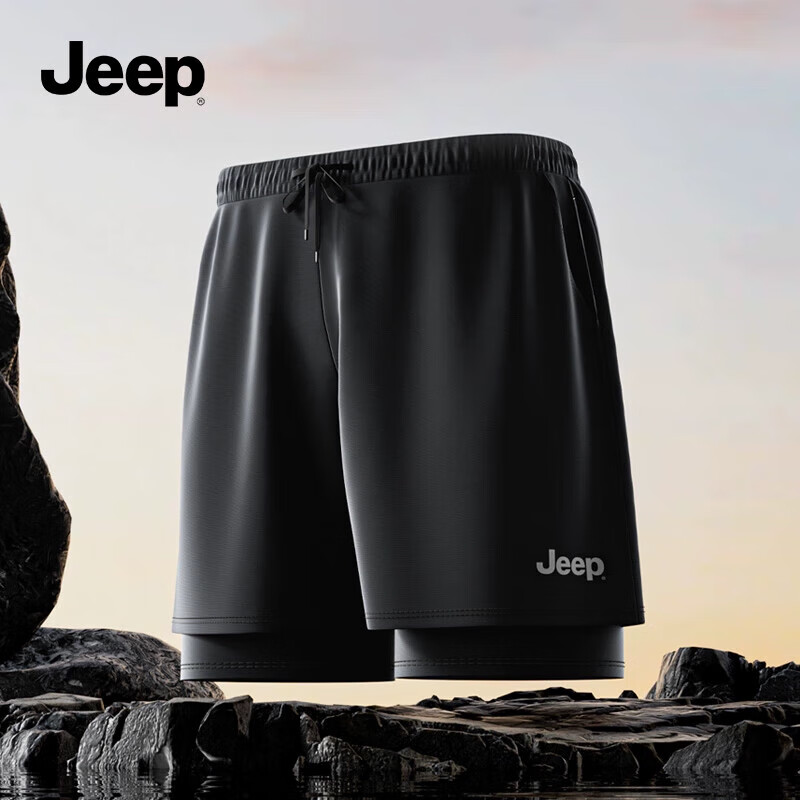 Jeep Men's Double-Layer Swim Trunks, Sun Protection Quick-Dry Fitness Shorts for Hot Springs And Outdoor Beach Swimming Gear, Classic Black 2XL