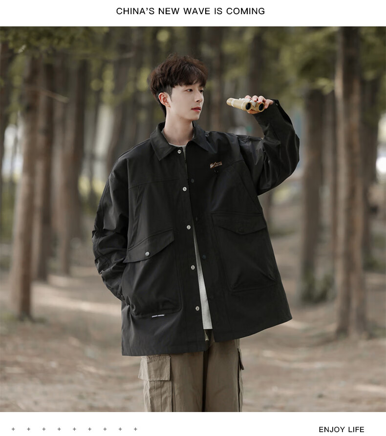 Huili Men's Autumn Jacket, Water-Repellent Lapel Jacket, Casual Simple Windproof Shirt Jacket for Men, Black, XL 8